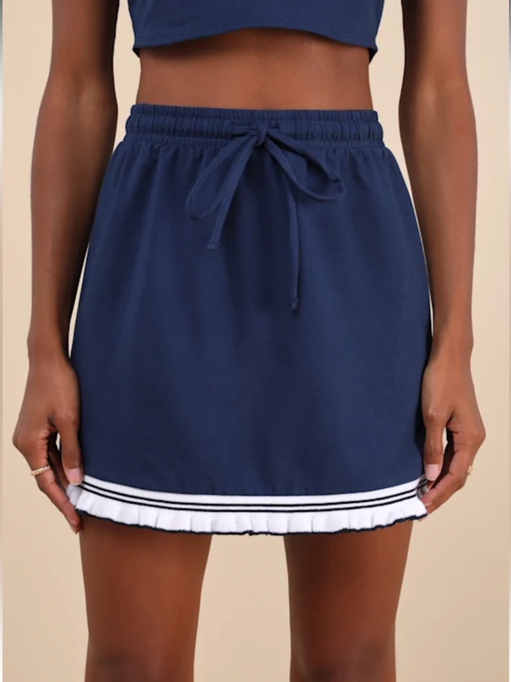 Lulus Sweet Score Navy Blue Ruffled Drawstring High-Rise Mini Skirt - like new!